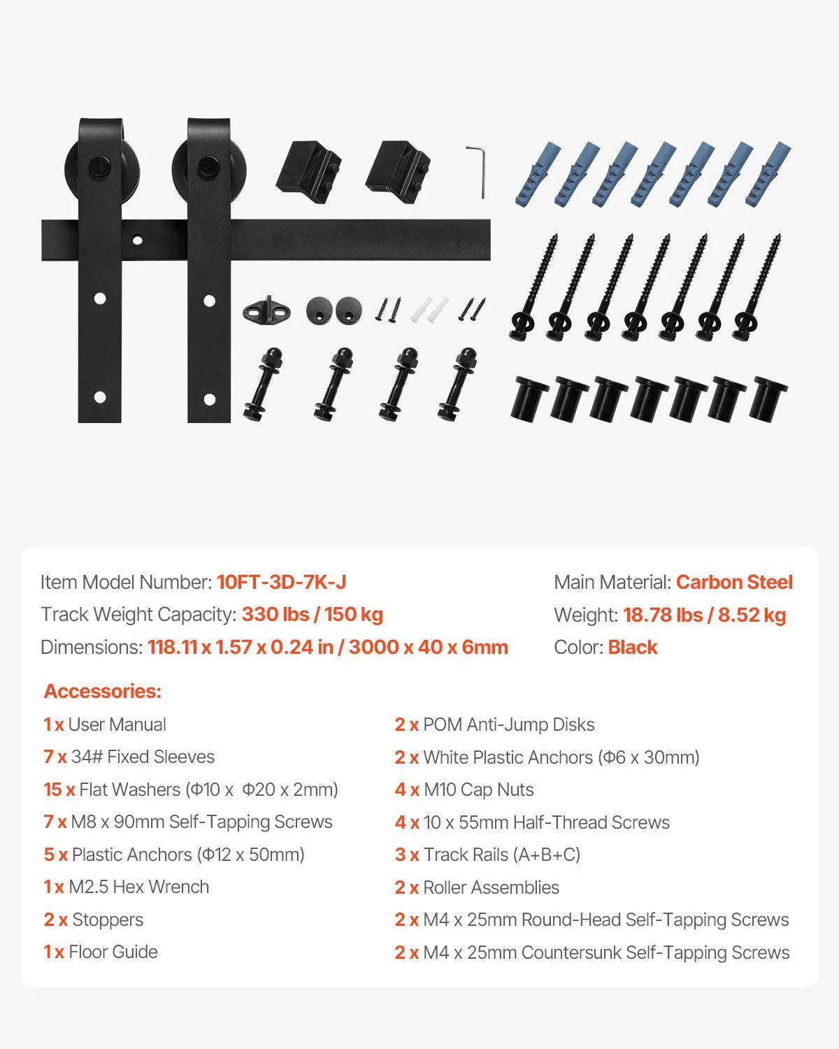 VEVOR 10FT Sliding Barn Door Hardware Kit for Single Sliding Barn Door J-shape