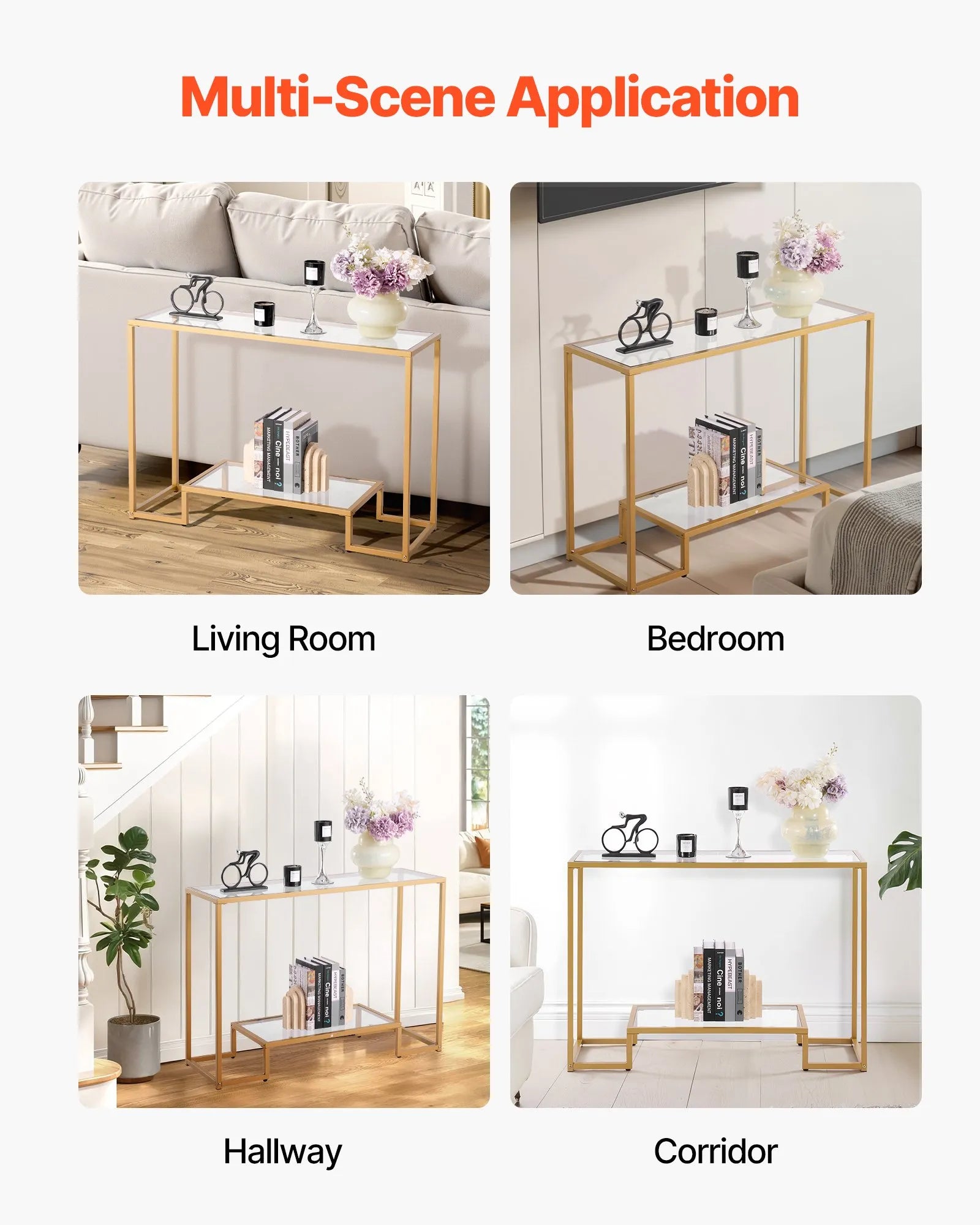 VEVOR 2-Tier Glass Console Table Rectangle Sofa Side Table with Anti-Tip Golden