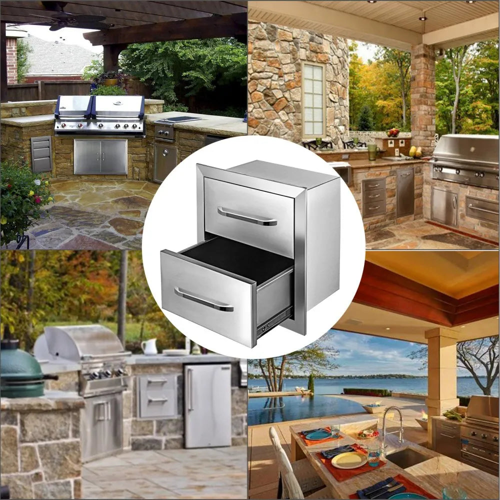 VEVOR Outdoor Kitchen Drawers 18W x 20.6H x 12.7D Inch, Flush Mount Double BBQ Drawers Stainless Steel with Handle, BBQ Island Drawers for Outdoor Kitchens or Patio Grill Station
