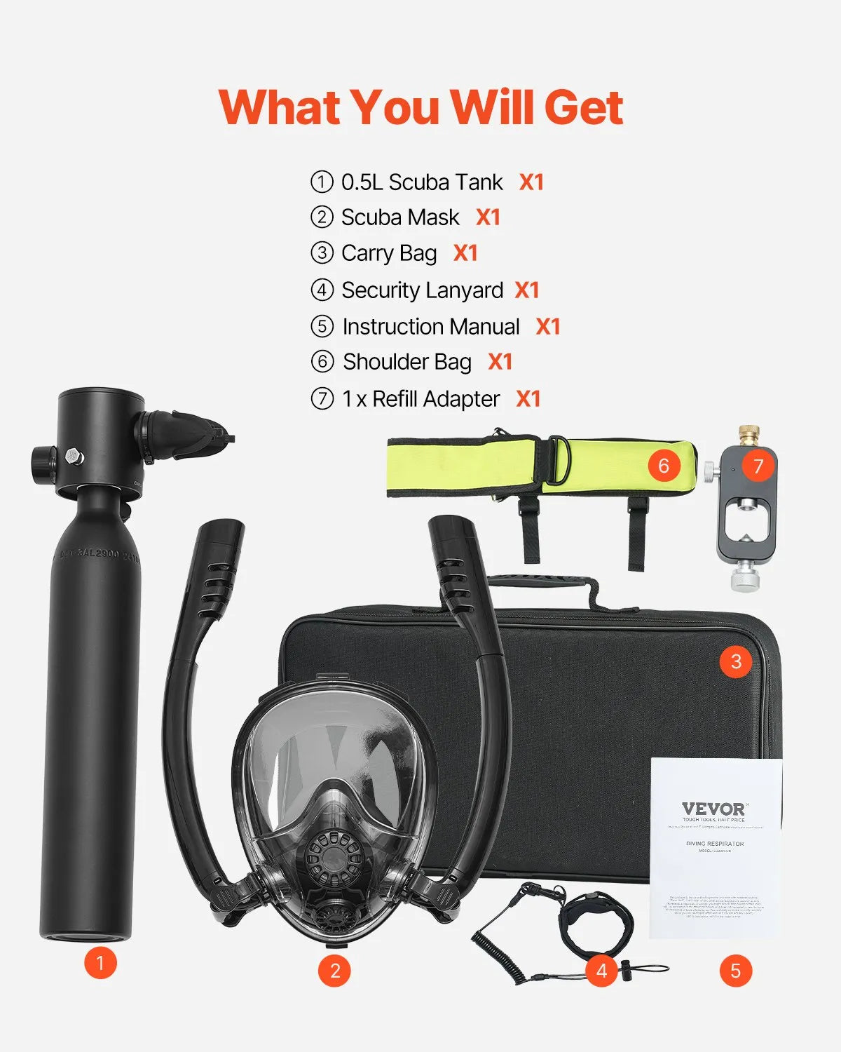 VEVOR 0.5L Scuba Tank 32.81 ft Diving Depth Refillable Snorkel Air Tank Kit
