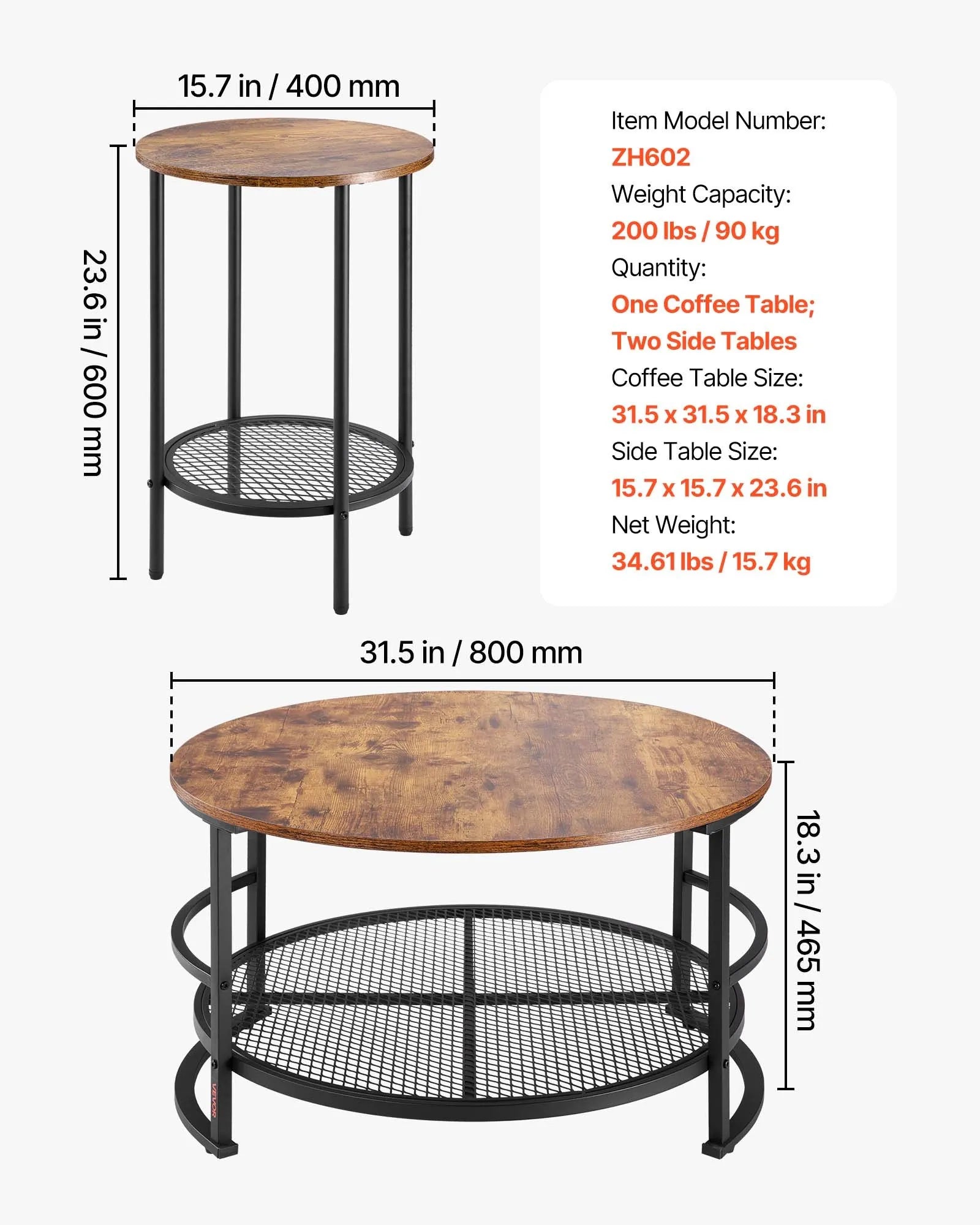VEVOR 3 Pieces Round Coffee Table Set 31.5 in with 2 End Tables for Living Room