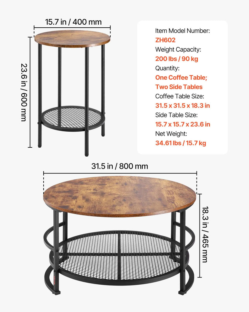 VEVOR 3 Pieces Round Coffee Table Set 31.5 in with 2 End Tables for Living Room