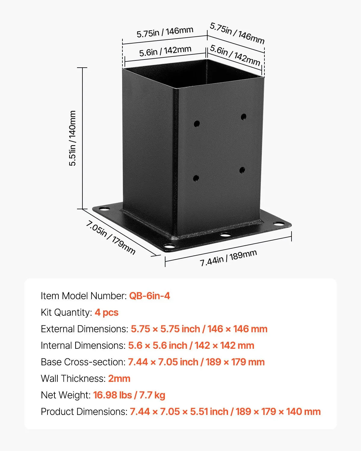 VEVOR 4 Pcs 6x6 Post Base Bracket Inner Size 5.6x5.6 in Wood Fence Post Anchor
