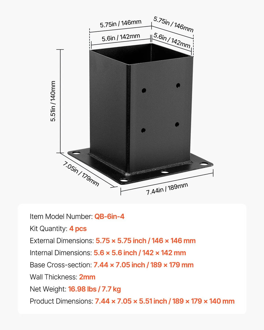 VEVOR 4 Pcs 6x6 Post Base Bracket Inner Size 5.6x5.6 in Wood Fence Post Anchor