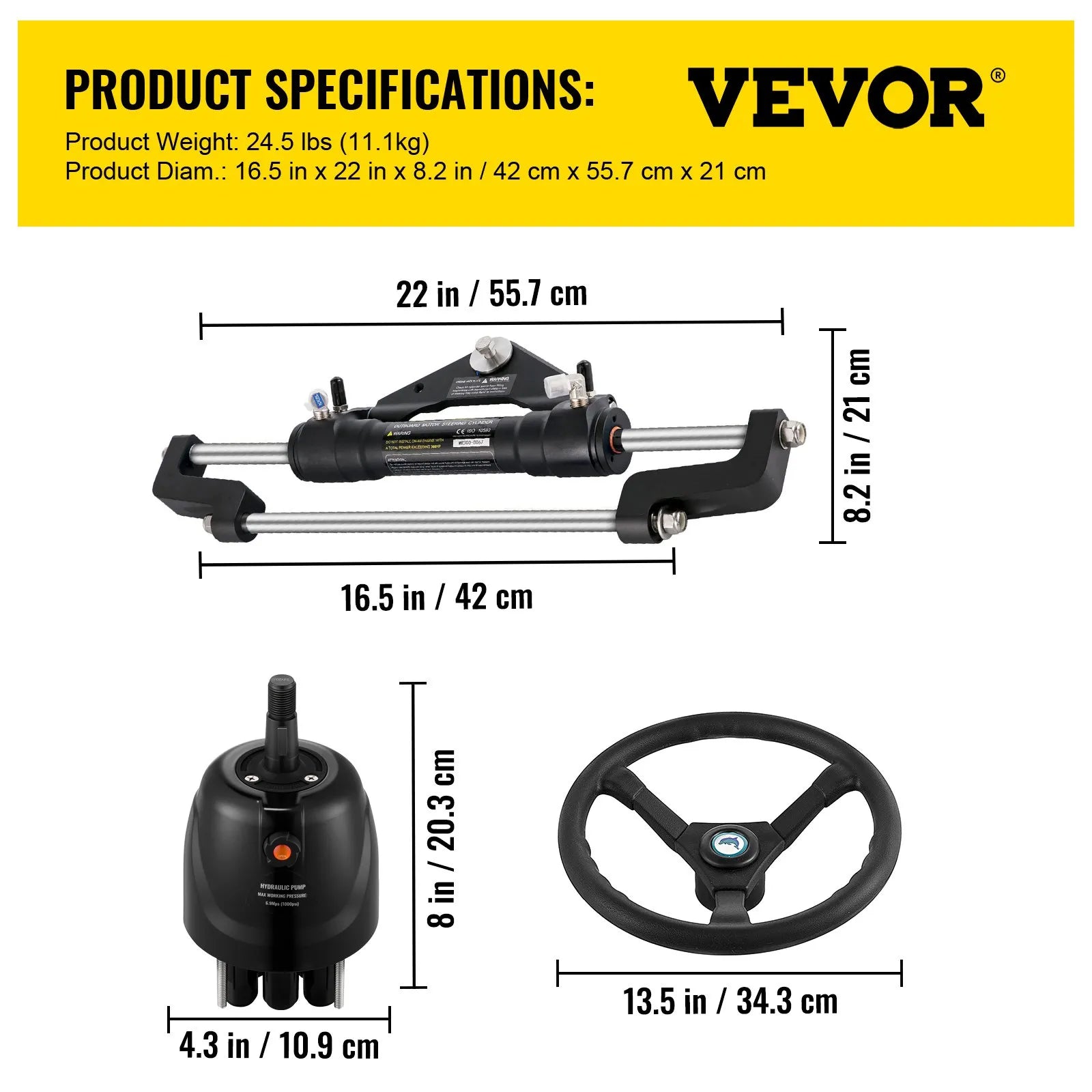 Hydraulic Boat Steering Kit Hydraulic Steering, 300HP Helm Pump, Cylinder, Wheel