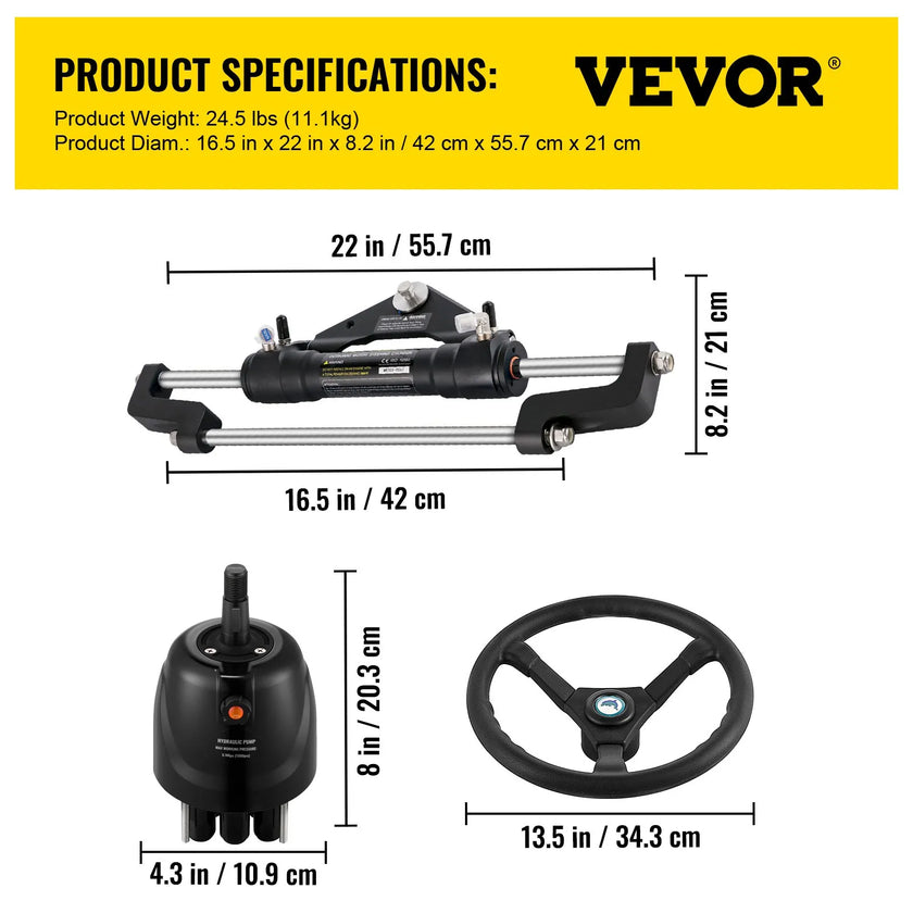 Hydraulic Boat Steering Kit Hydraulic Steering, 300HP Helm Pump, Cylinder, Wheel
