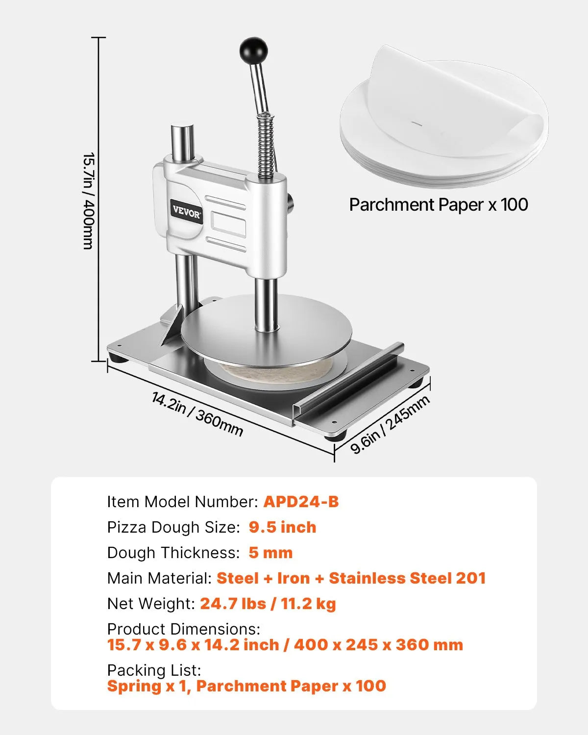VEVOR 9.5 in Manual Pizza Dough Press Machine Commercial Pizza Pastry Sheeter