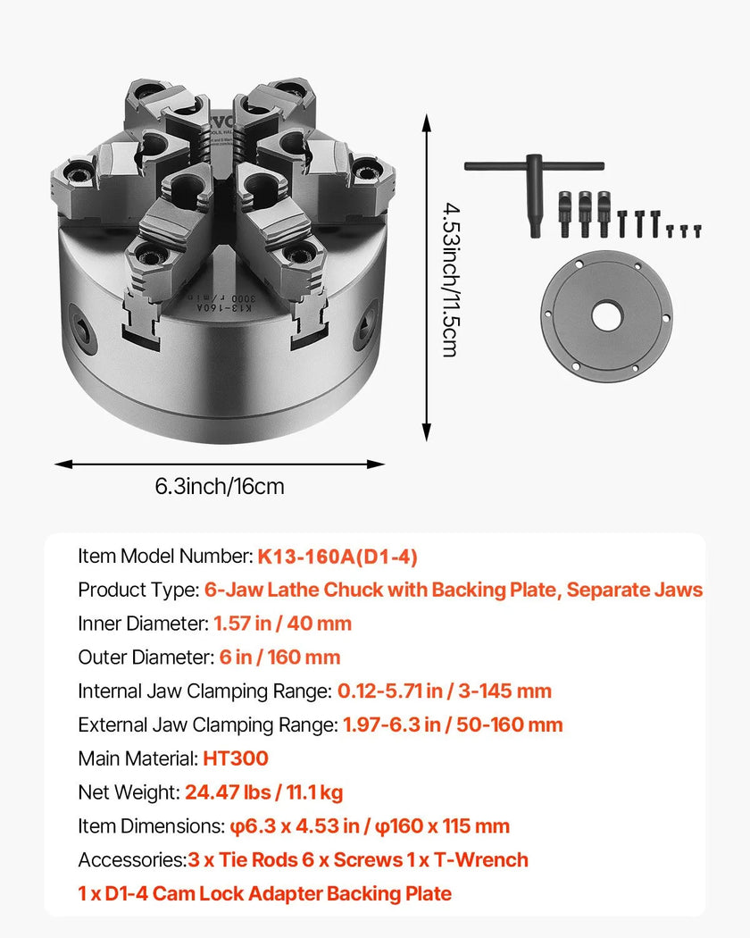 VEVOR 6 in 6-Jaw Self-Centering Lathe Chuck with D1-4 Cam Lock Backing Plate