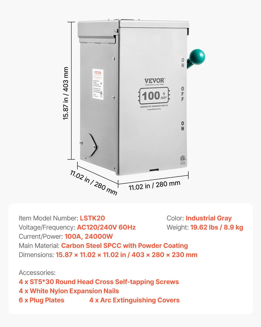 VEVOR 100A Generator Transfer Switch 24000W Manual Transfer Switch 120/240V