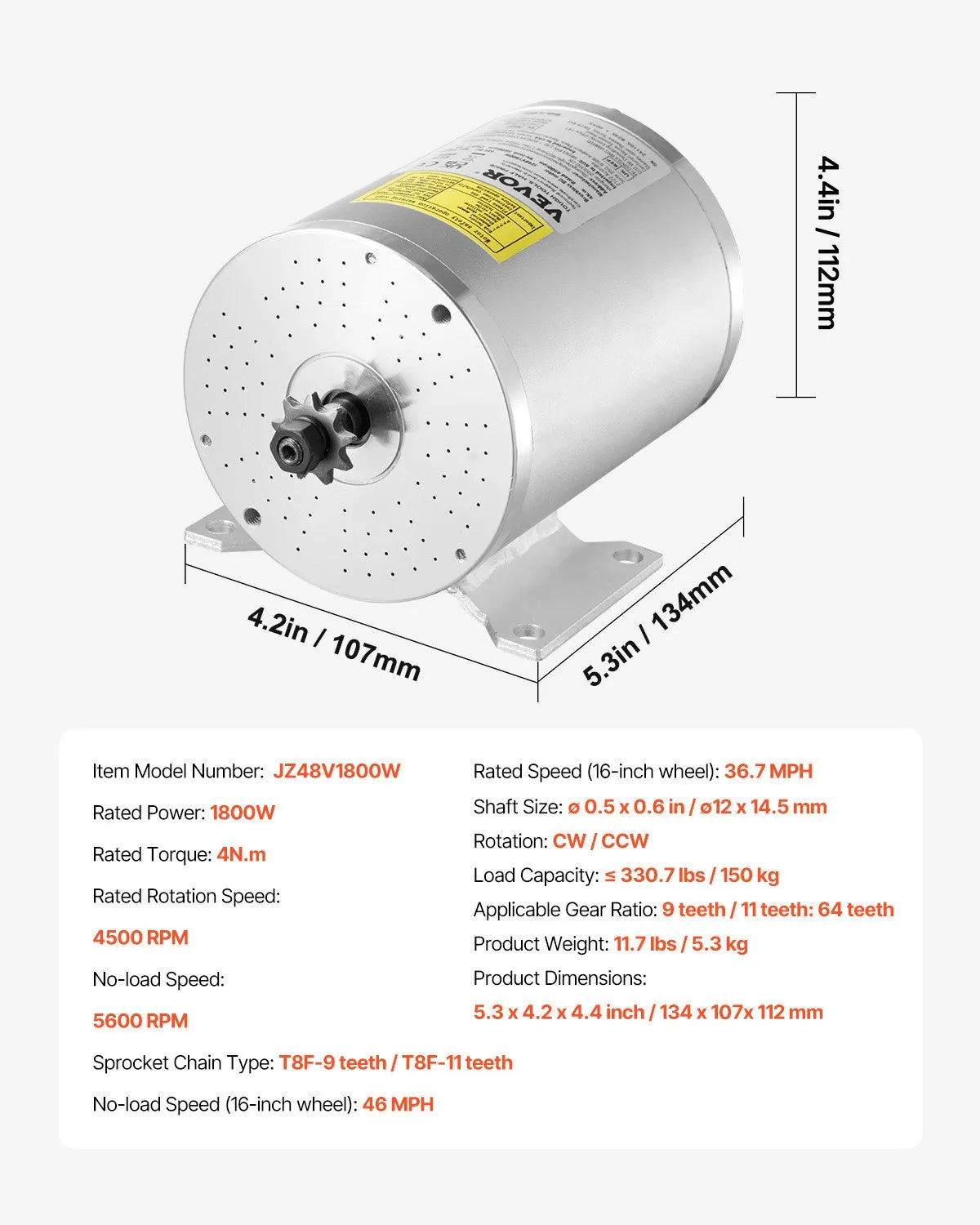 VEVOR 1800W 48VElectric Brushless DC Motor Kit with Upgraded Speed Controller