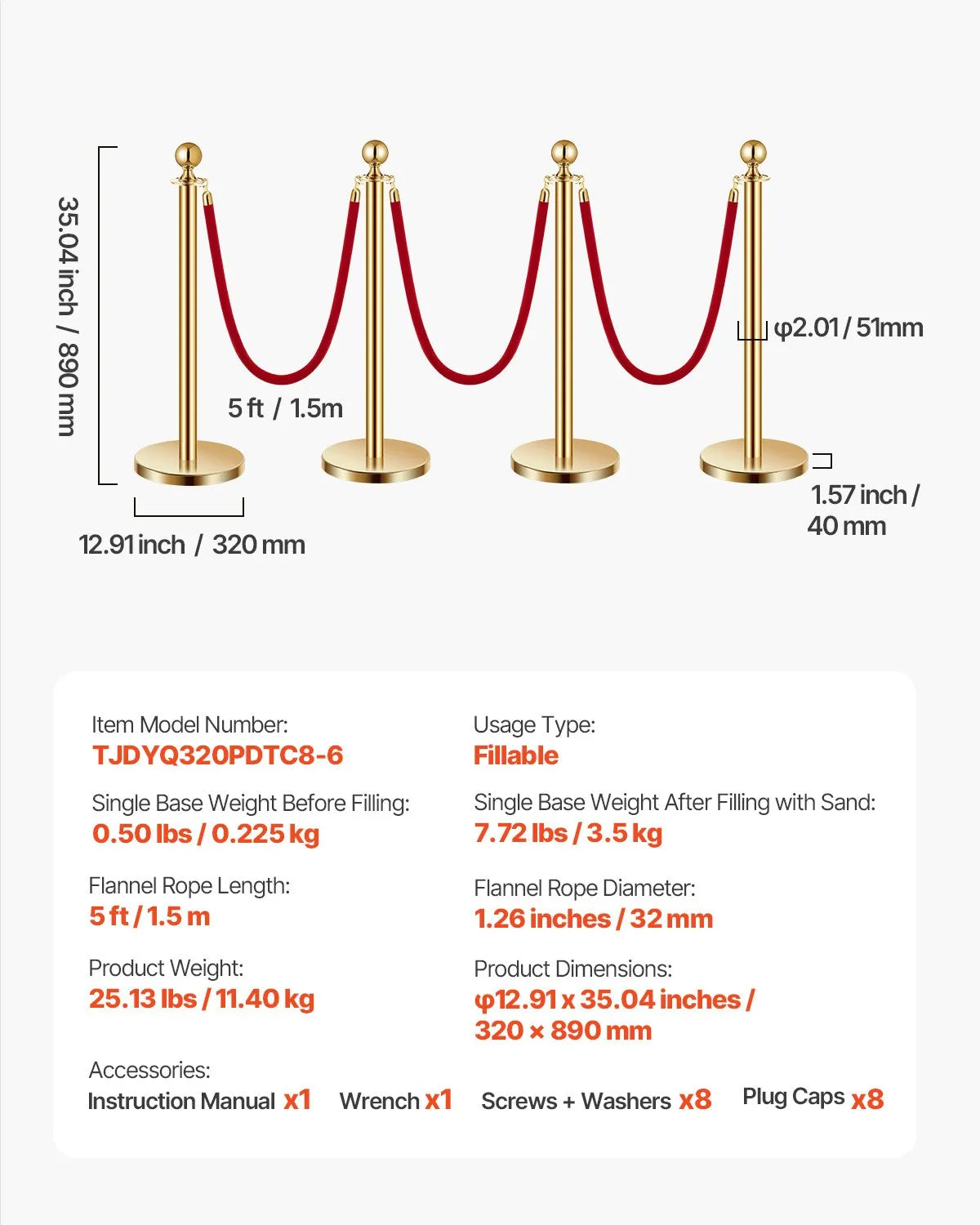 VEVOR 8 Pcs Gold Stanchion Post 6 Red Velvet Ropes Sand Injection Hollow Base