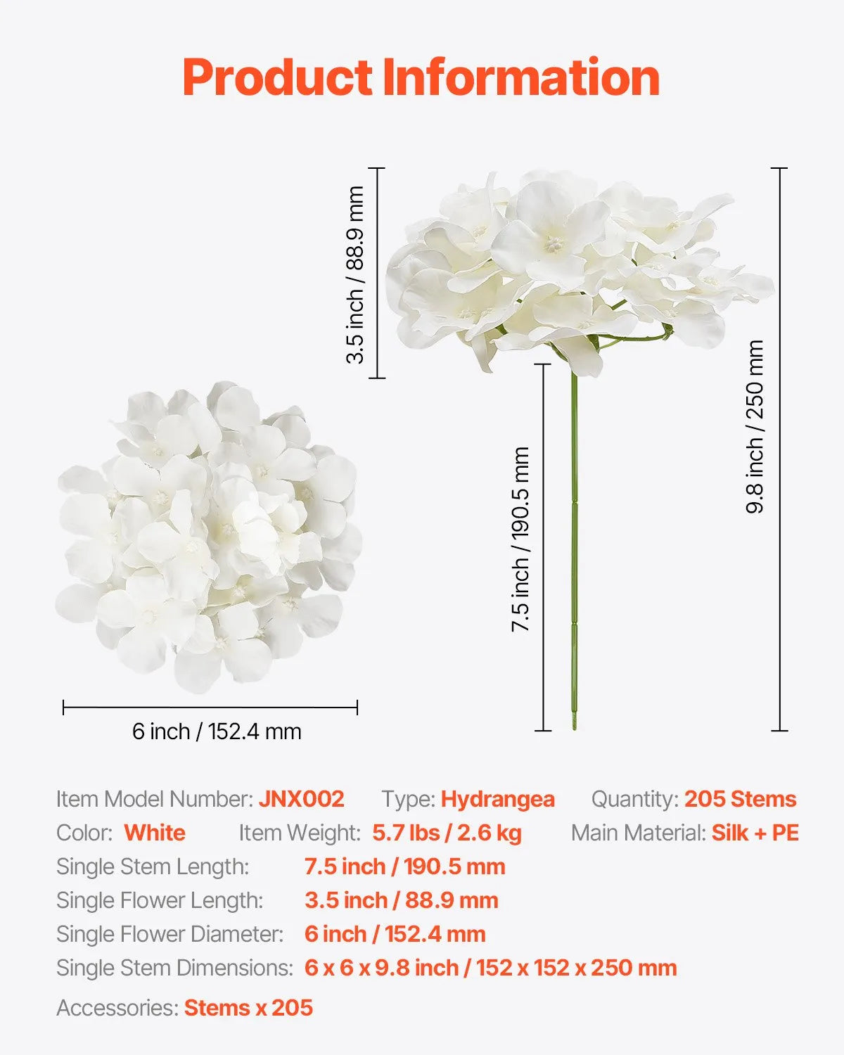 VEVOR 205 Pcs Artificial Silk Hydrangea Flowers 9.8 In Bouquet Arrangement White