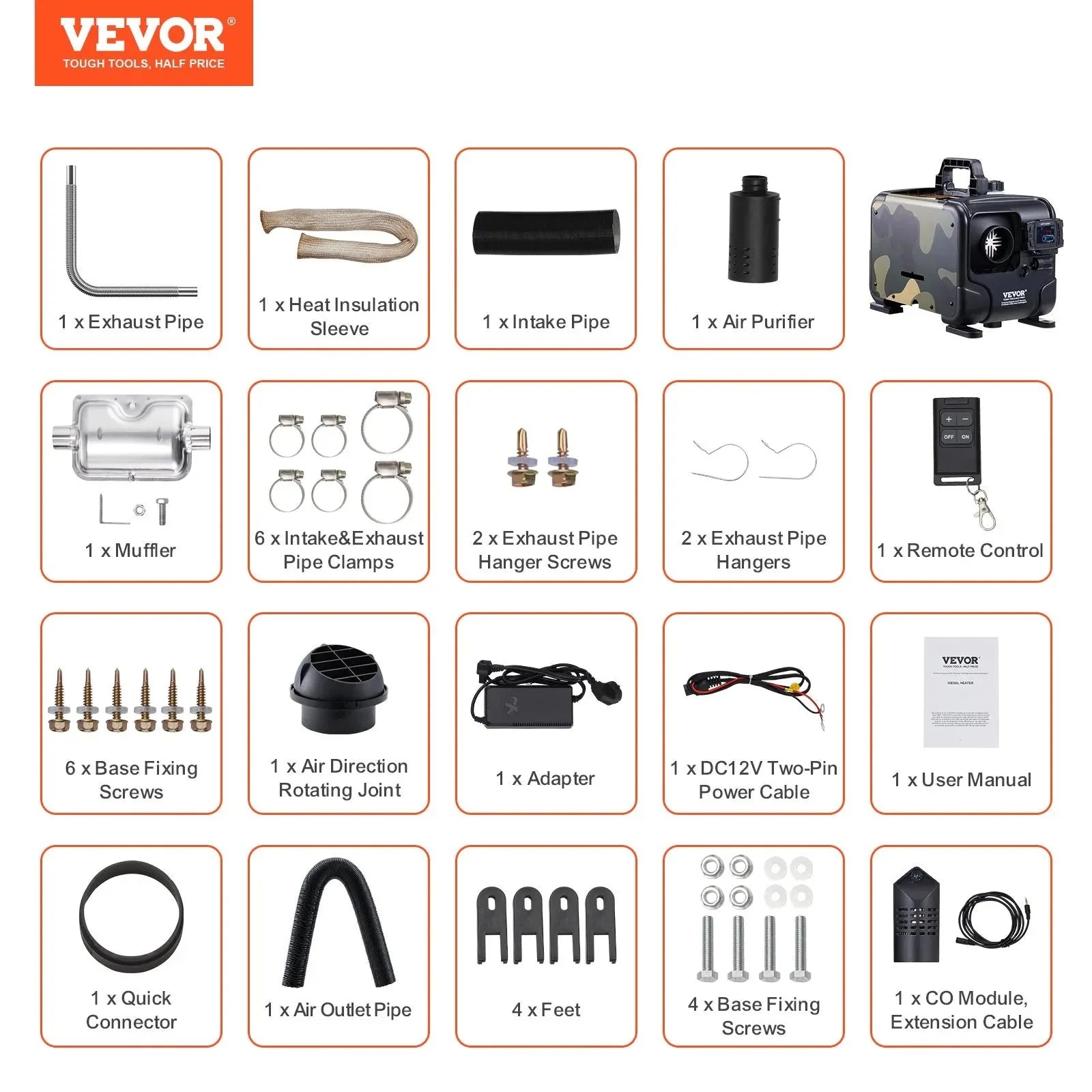 VEVOR 8KW Diesel Heater, 12V/24V All-in-One Air Heater, Bluetooth App, Remote & Display, CO Alarm, Fast Heating Horizontal Portable Heater for Vehicles & Garage