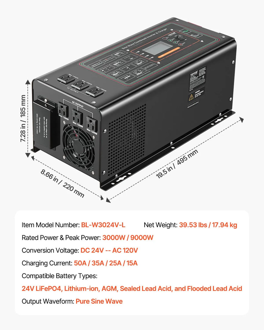 VEVOR 3000W Pure Sine Wave Inverter Charger DC 24V to AC 120V Power Inverter