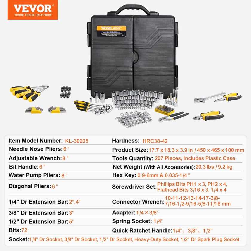 VEVOR 207-Piece Mechanics Tool Set 1/4