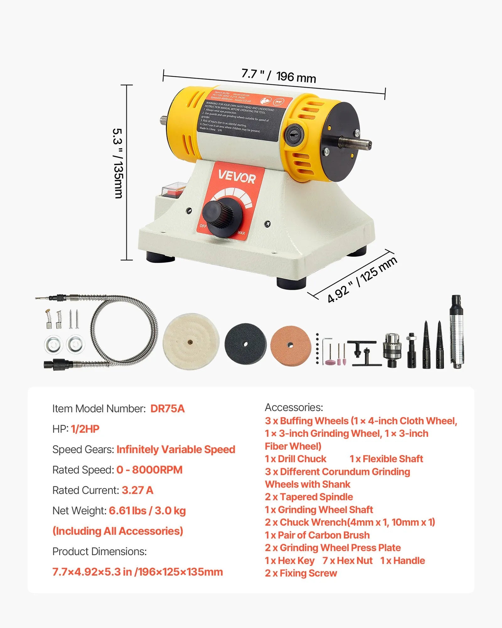 VEVOR 1/2HP Bench Buffer Polisher 0 to 8000RPM with 3-inch & 4-inch Wheels