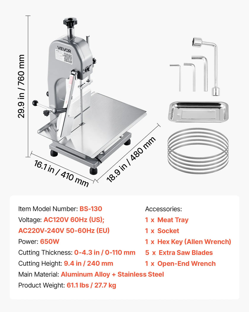 VEVOR 650W Commercial Electric Meat Bandsaw Stainless Steel Bone Sawing Machine