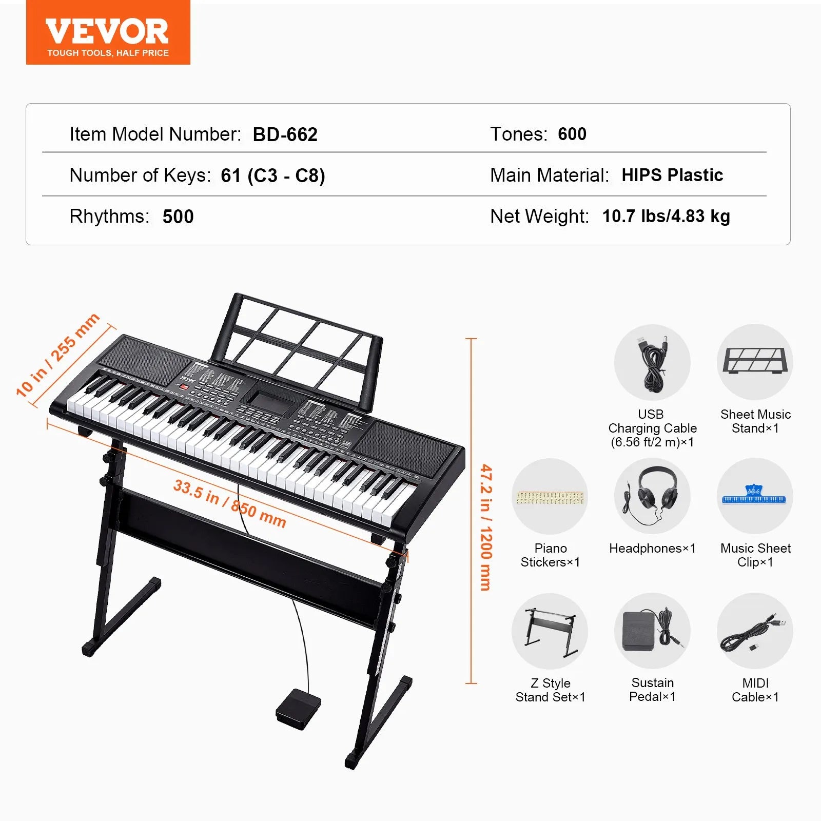 VEVOR 61 Key Digital Keyboard Piano Electric Portable with Adjustable Stand