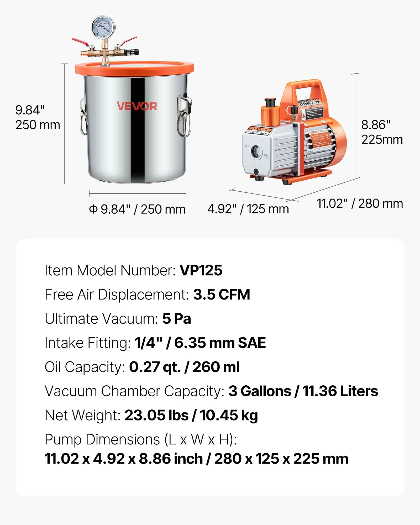 VEVOR 3.5CFM Single Stage Vacuum Pump 3 Gallon Stainless Steel Degassing Chamber