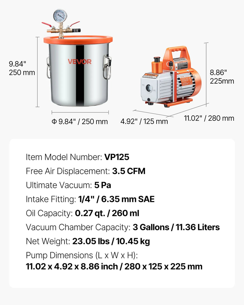 VEVOR 3.5CFM Single Stage Vacuum Pump 3 Gallon Stainless Steel Degassing Chamber