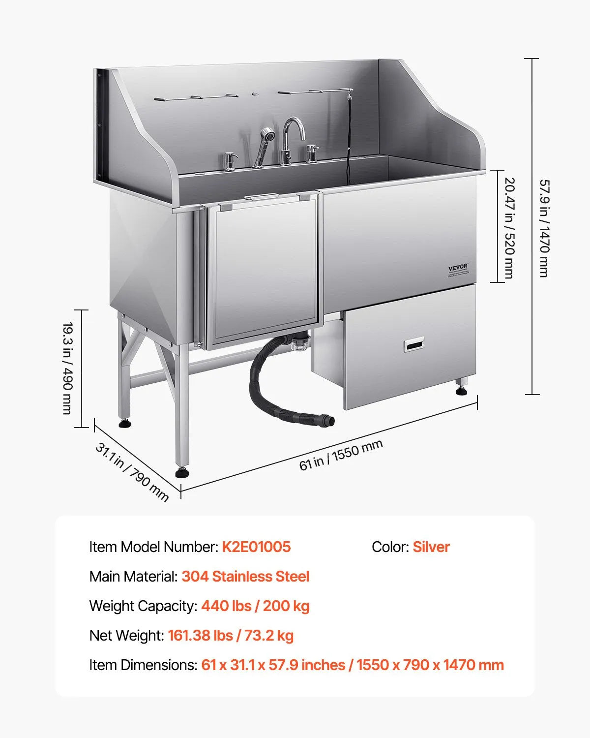 VEVOR 61 Inch Dog Grooming Bath Tub Stainless Steel w Ramp Water Filter Left