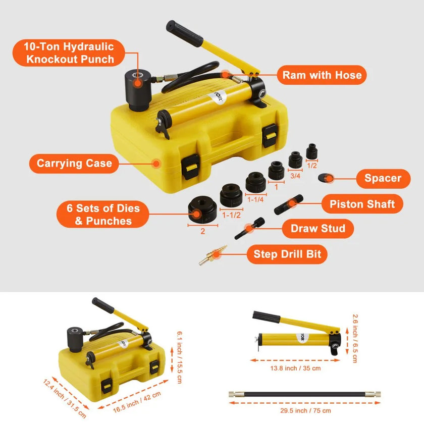 VEVOR 10 Ton Hydraulic Knockout Punch Driver Kit Hole Tool 1/2