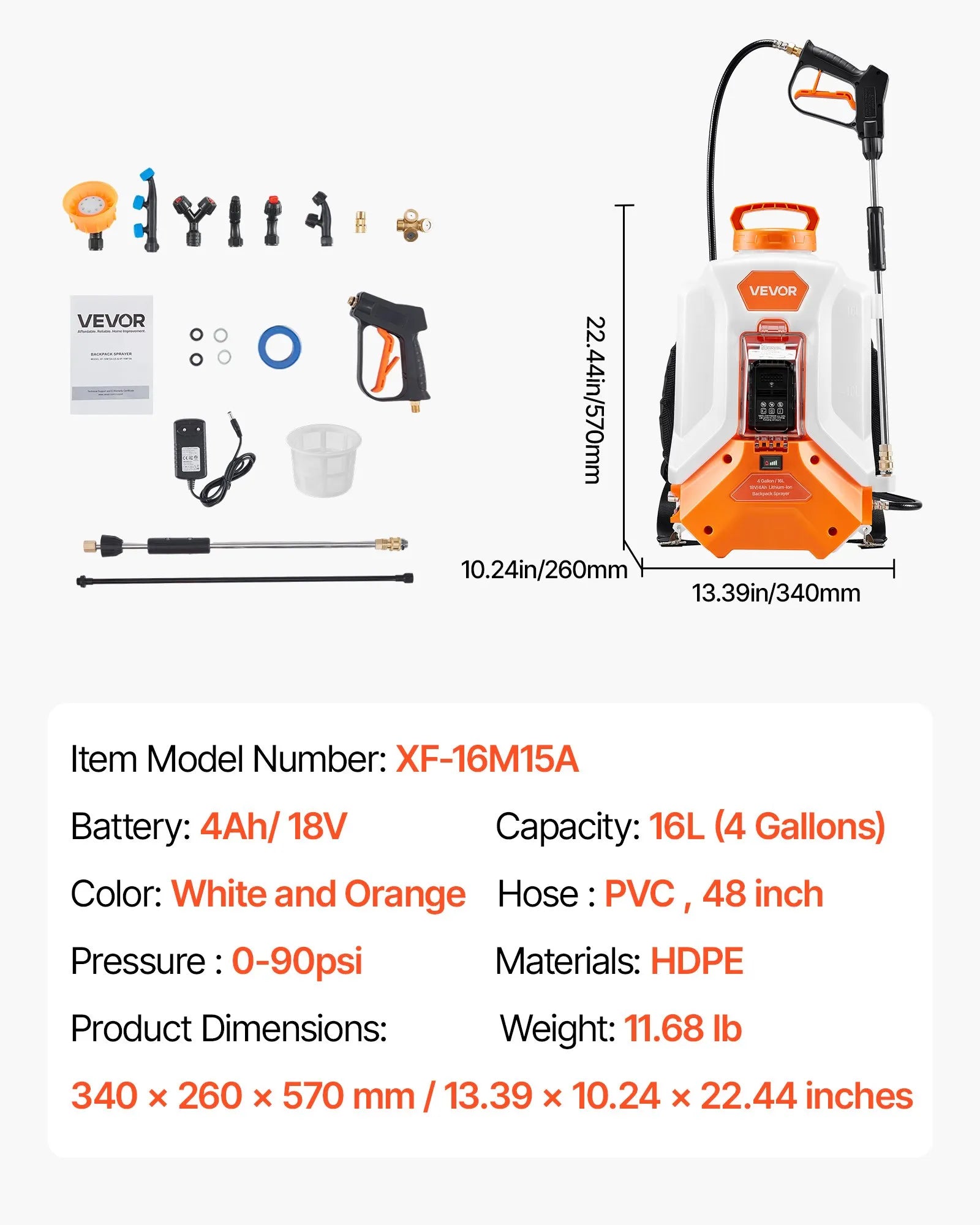 VEVOR 4 Gal Battery Powered Backpack Sprayer 0-90 PSI 4H Runtime for Yard Lawn
