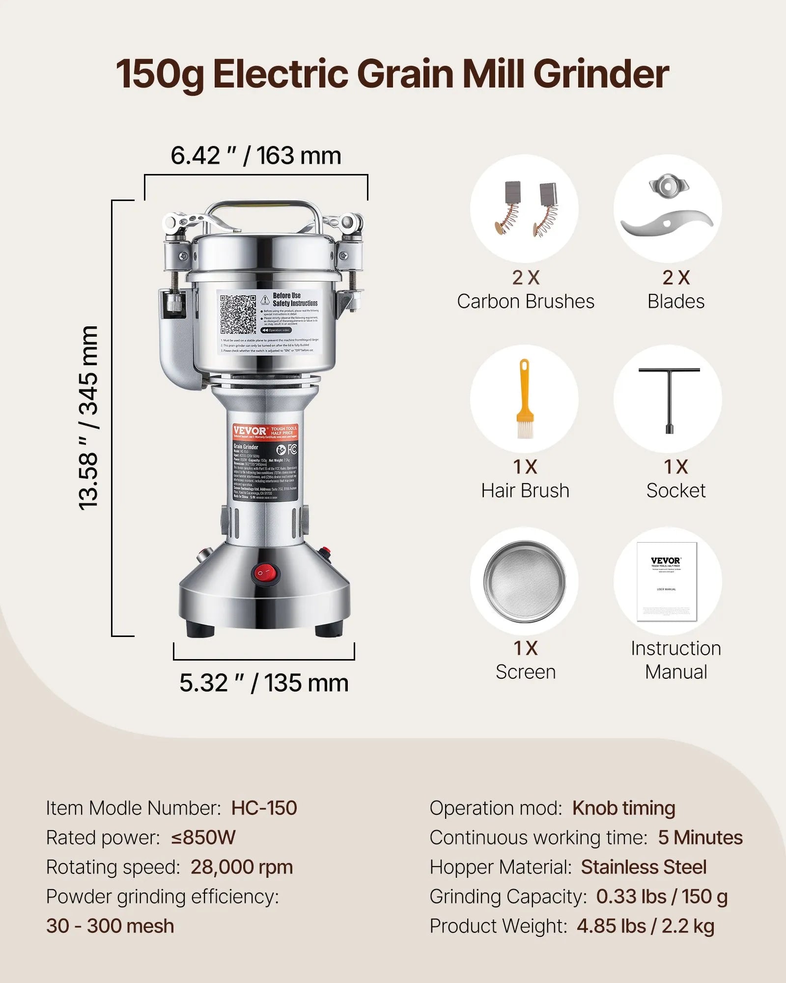 VEVOR 150g Commercial Spice Grinder Electric Grain Mill Grinder High Speed