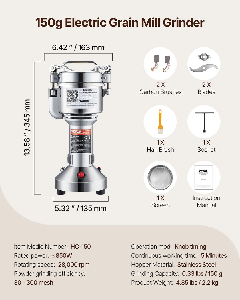 VEVOR 150g Commercial Spice Grinder Electric Grain Mill Grinder High Speed