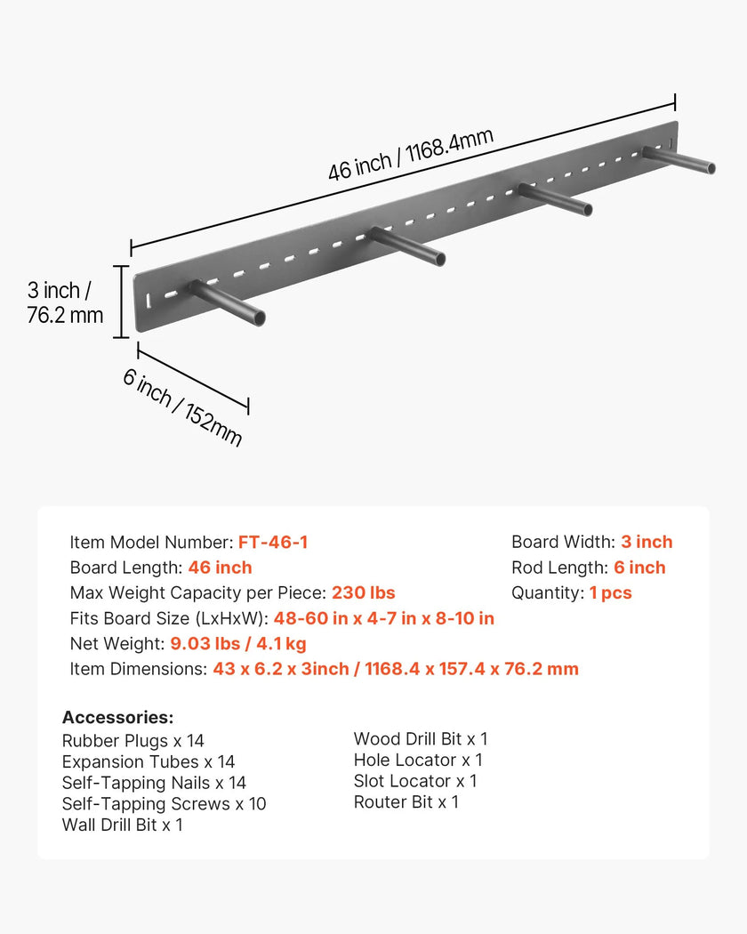 VEVOR 1 Pack Shelf Bracket 46 inch / 1168.4 mm Heavy Duty Floating Shelf Bracket