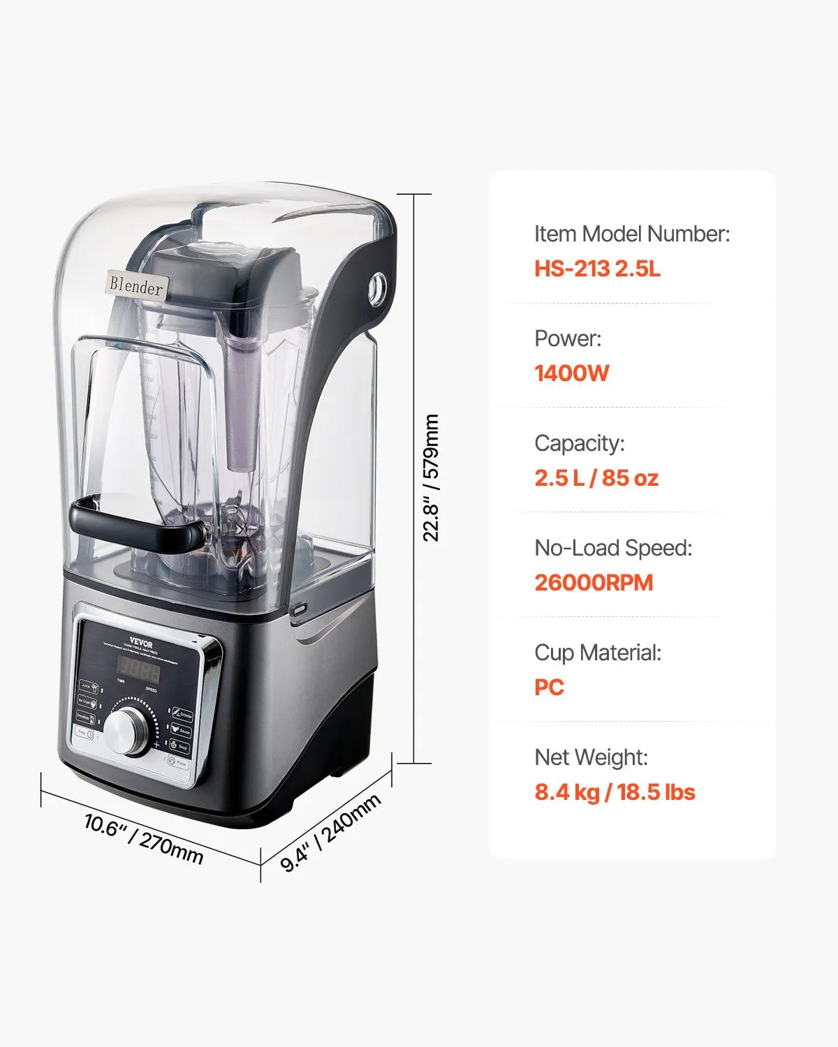VEVOR 85 oz 1400W Blender for Smoothies Food Processing Blender for Kitchen