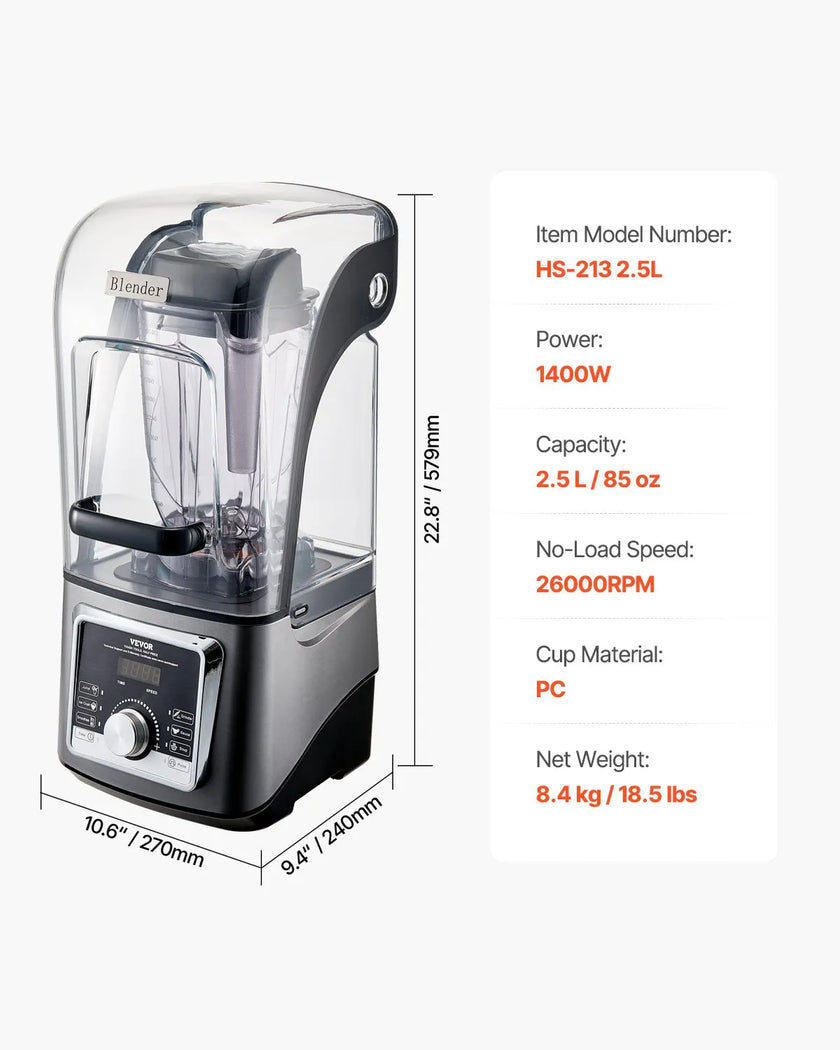 VEVOR 85 oz 1400W Blender for Smoothies Food Processing Blender for Kitchen