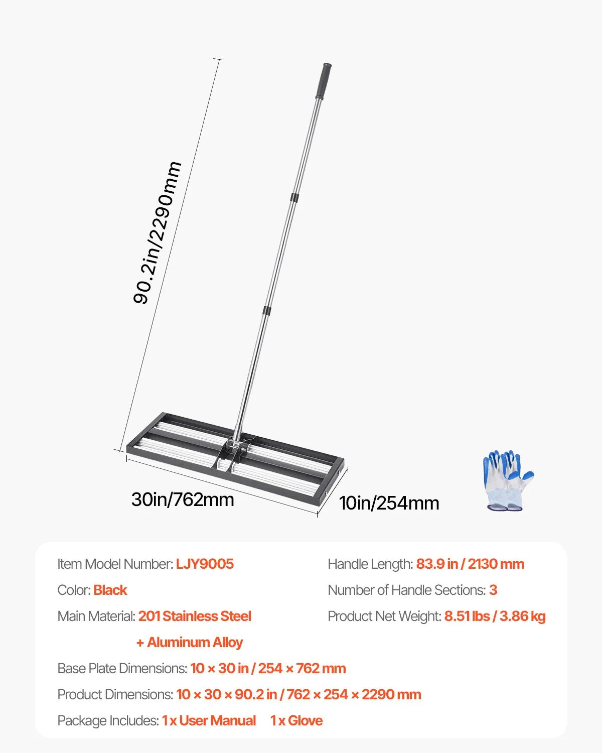 VEVOR 30x10in Lawn Leveling Rake with 83.9 in Adjustable Handle for Yard Garden