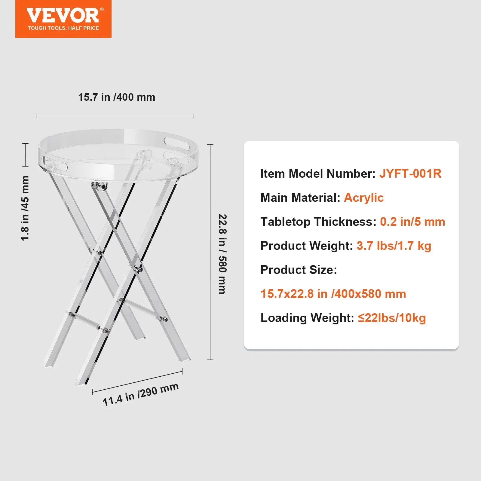 VEVOR Acrylic Folding Tray Table, Acrylic End Table with Folding X Leg, Clear Acrylic Side Table for Coffee, Drink, Food, Snack used in Living Room, Bedroom, and Study