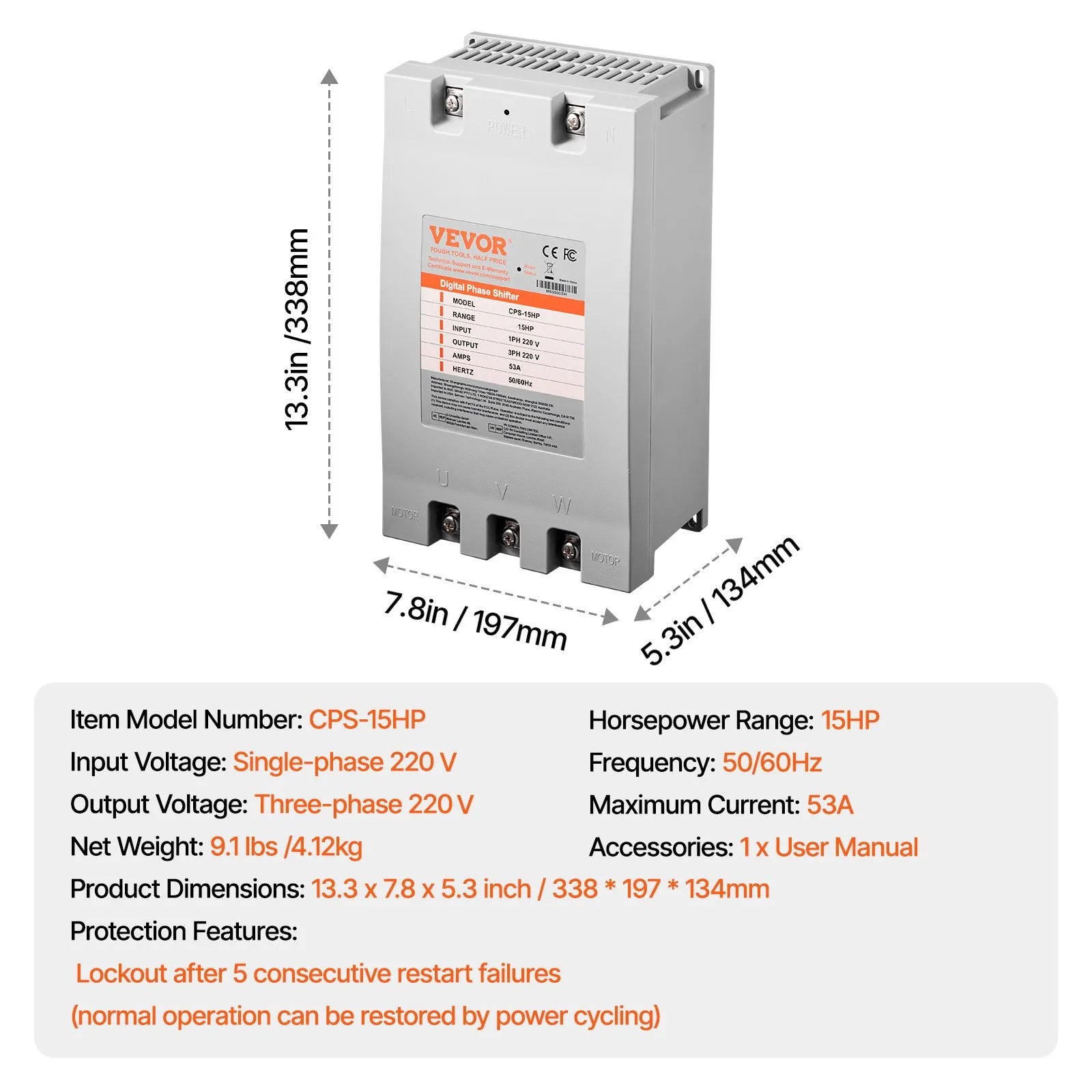 VEVOR 3 Phase Converter 15HP 53A 220V Single to 3 Phase 220V-240V Input/Output