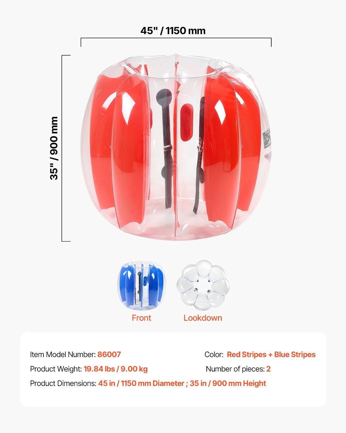 VEVOR 2-Pack 4FT/1.2M Inflatable Bumper Balls PVC Body Sumo Zorb Ball Outdoor