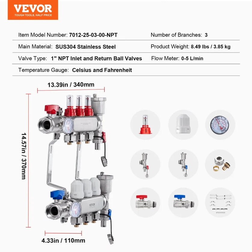 VEVOR 3-Branch Radiant Heat Manifold 1/2
