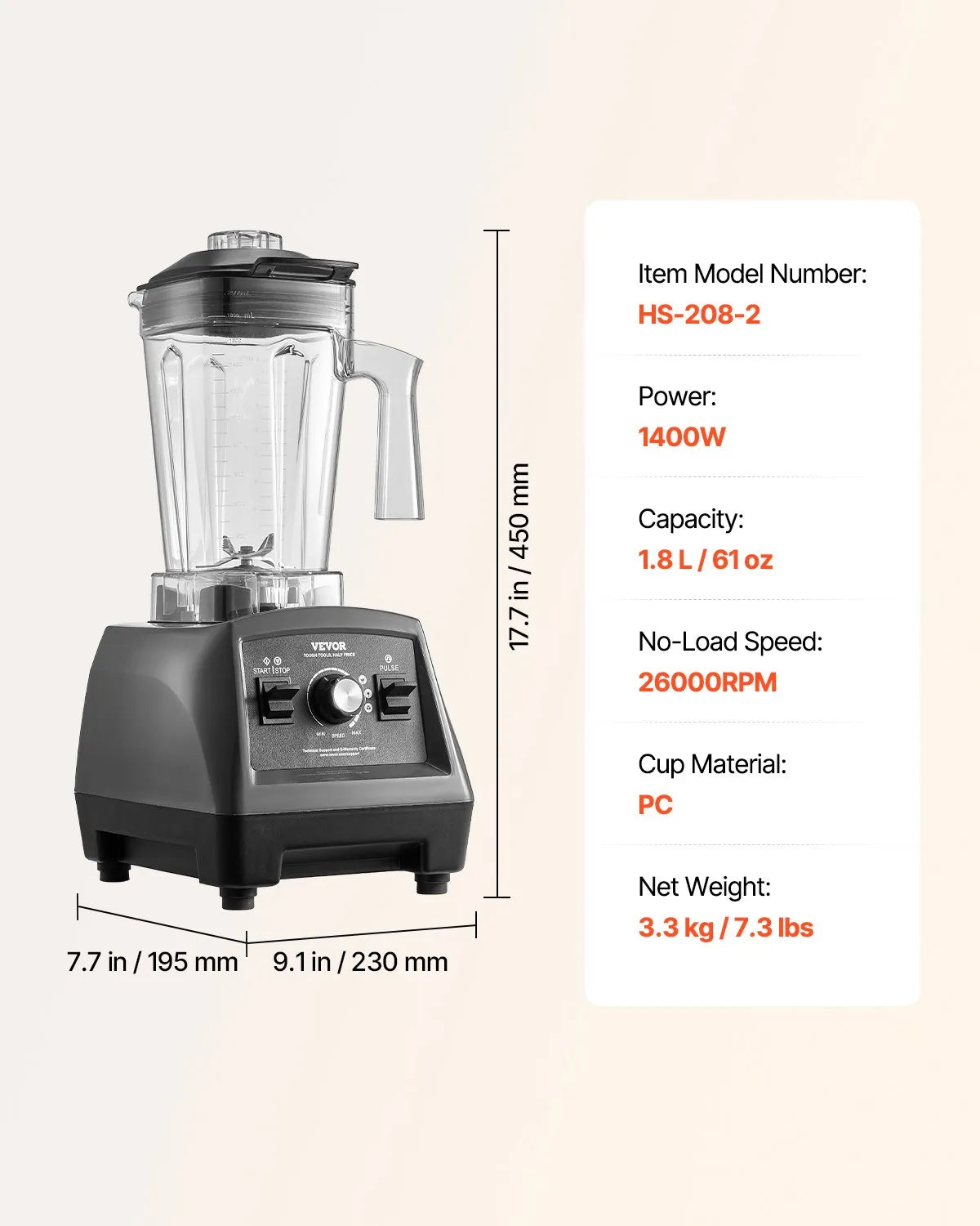 VEVOR 61 oz 1400W Blender for Smoothies Food Processing Blender for Kitchen