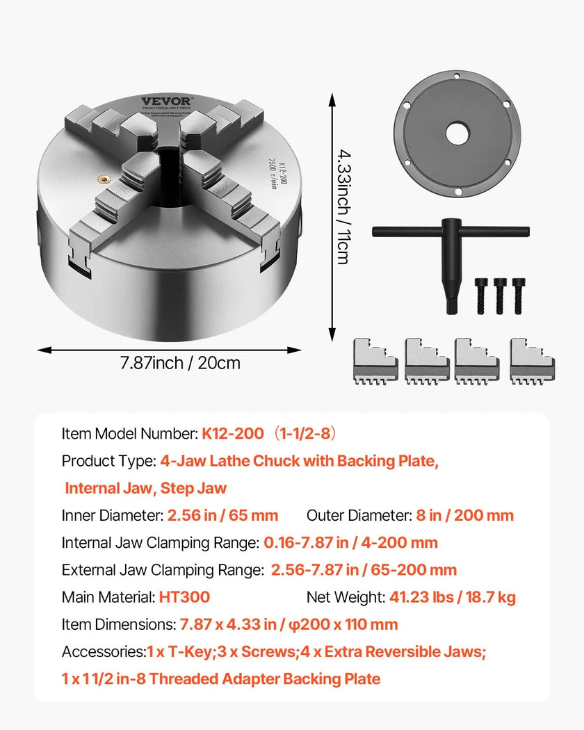 VEVOR 8 in 4-Jaw Self-Centering Lathe Chuck 1 1/2 in-8 Threaded Backing Plate