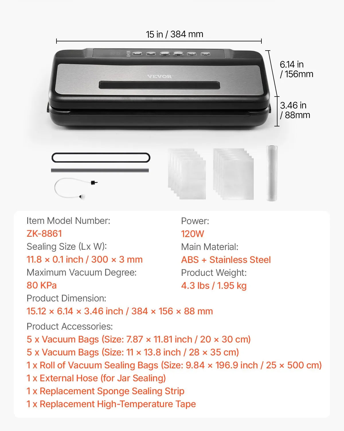 VEVOR 7-in-1 Vacuum Sealer Machine Compact Automatic Food Saver 120W Bags & Roll
