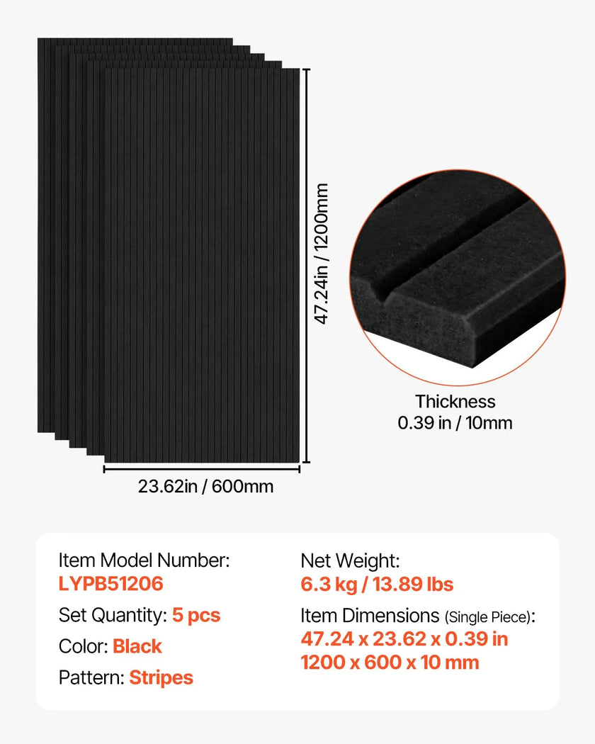 VEVOR 5 Pack Acoustic Wall Panels 47.2 x 23.6 x 0.4 inch Self-Adhesive Black
