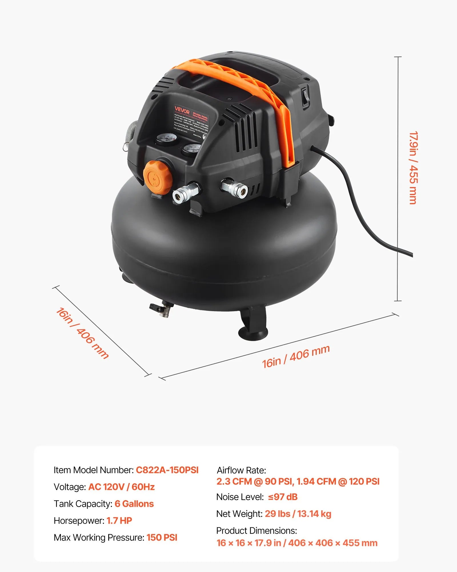 VEVOR 6 Gallon Air Compressor 1.7HP 2.3CFM @ 90PSI & 150PSI Max Working Pressure