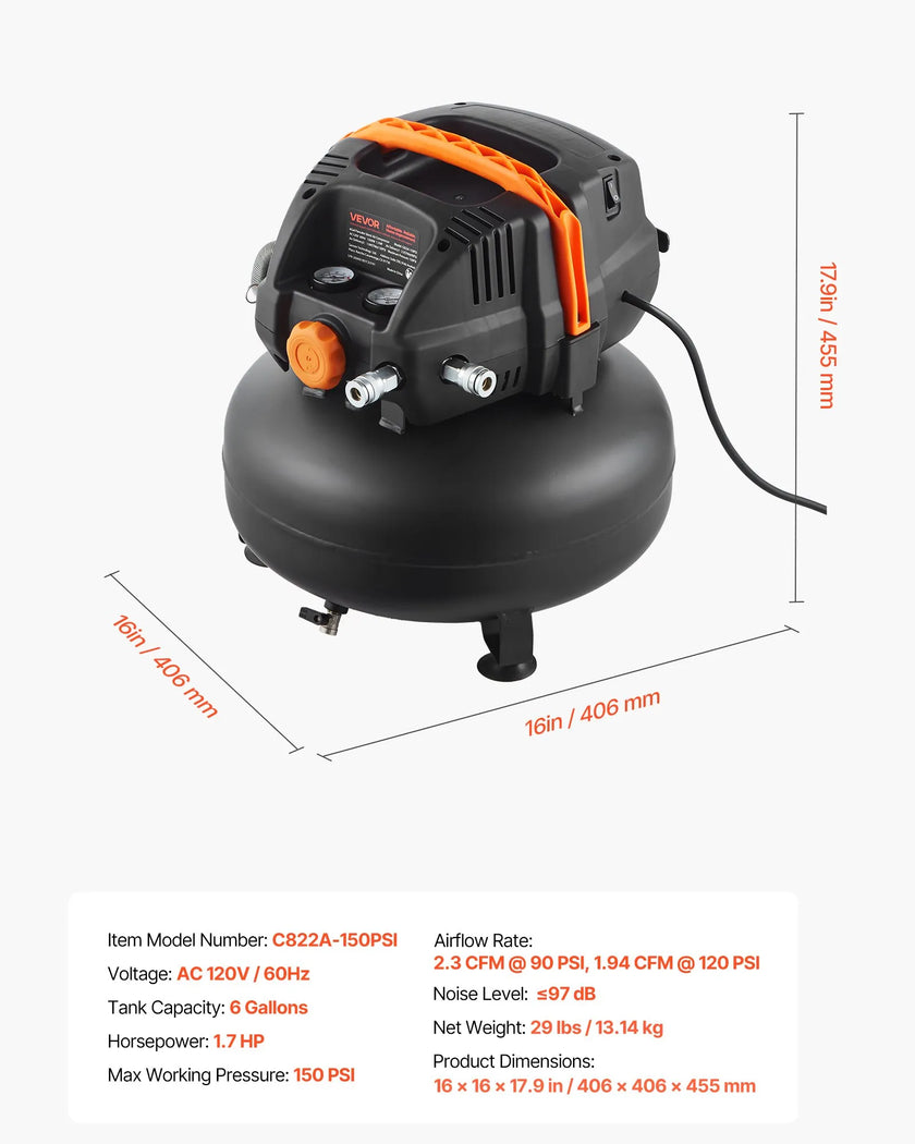 VEVOR 6 Gallon Air Compressor 1.7HP 2.3CFM @ 90PSI & 150PSI Max Working Pressure