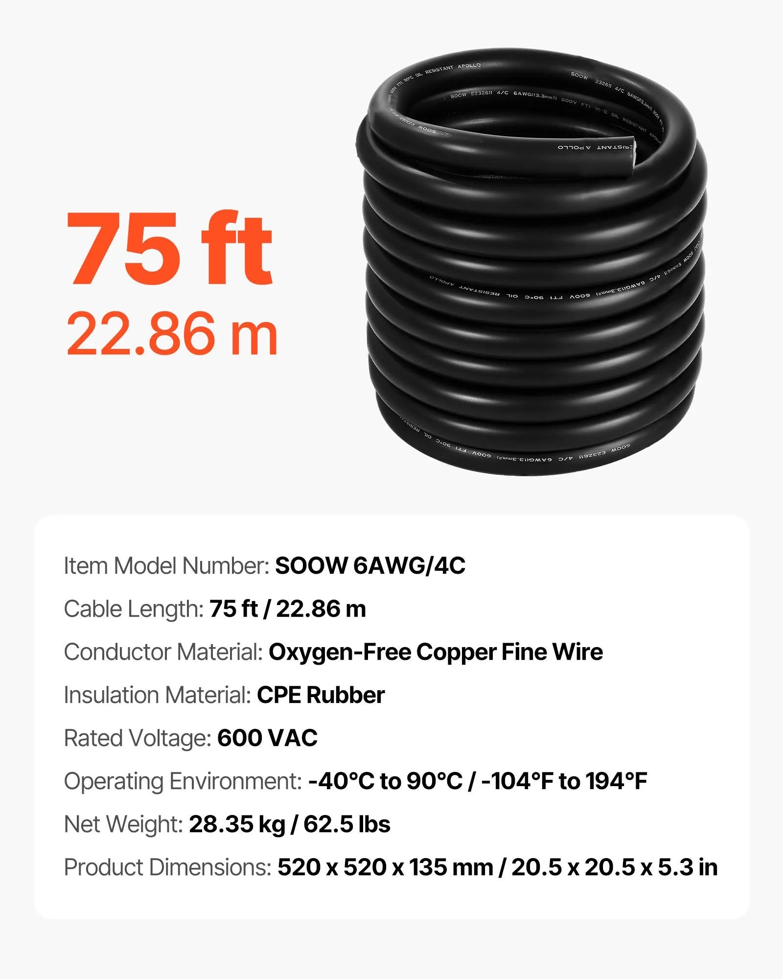 VEVOR 75 FT 6AWG Premium Electrical Power Cable Extension Cord Copper Wire