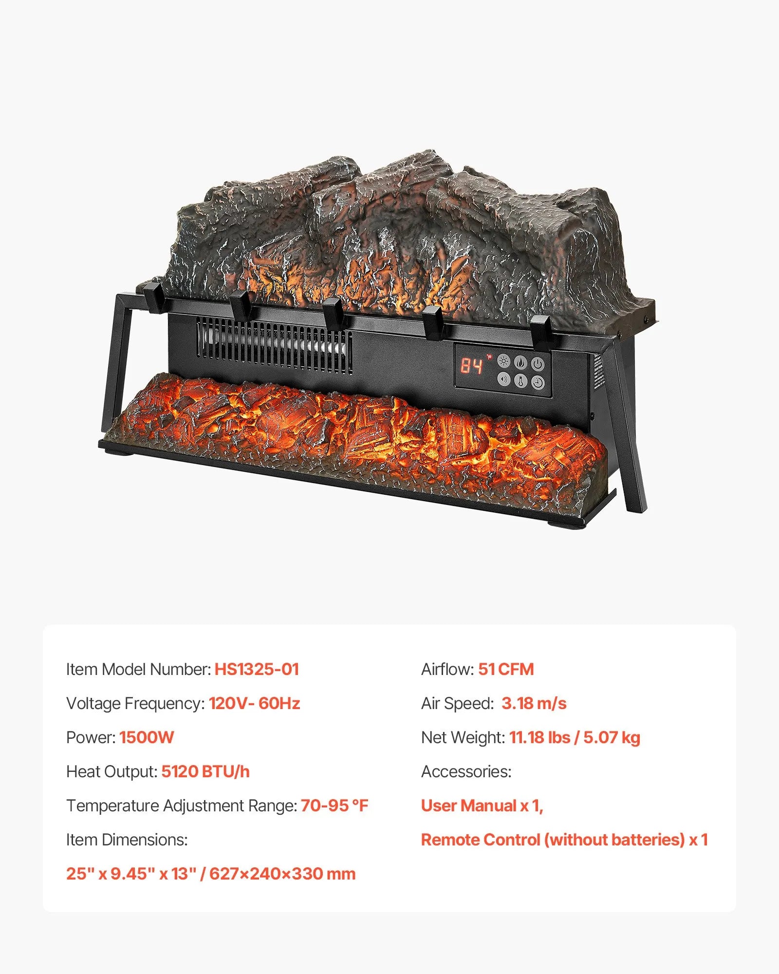 VEVOR 25 Inch Electric Fireplace Log Heater with Crackling Sound Timer Remote