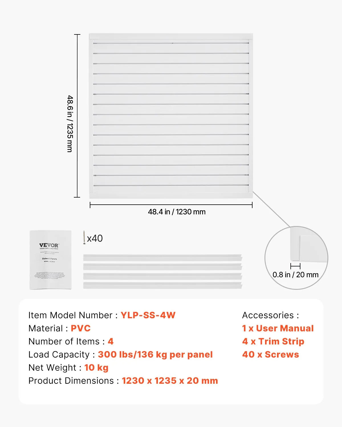 VEVOR 4 x 4 ft Slat Wall Paneling PVC White Garage Slatwall with Modular Design