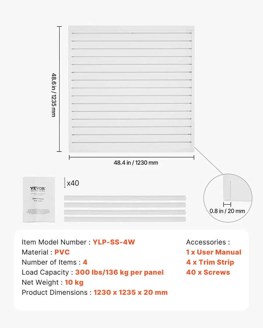 VEVOR 4 x 4 ft Slat Wall Paneling PVC White Garage Slatwall with Modular Design