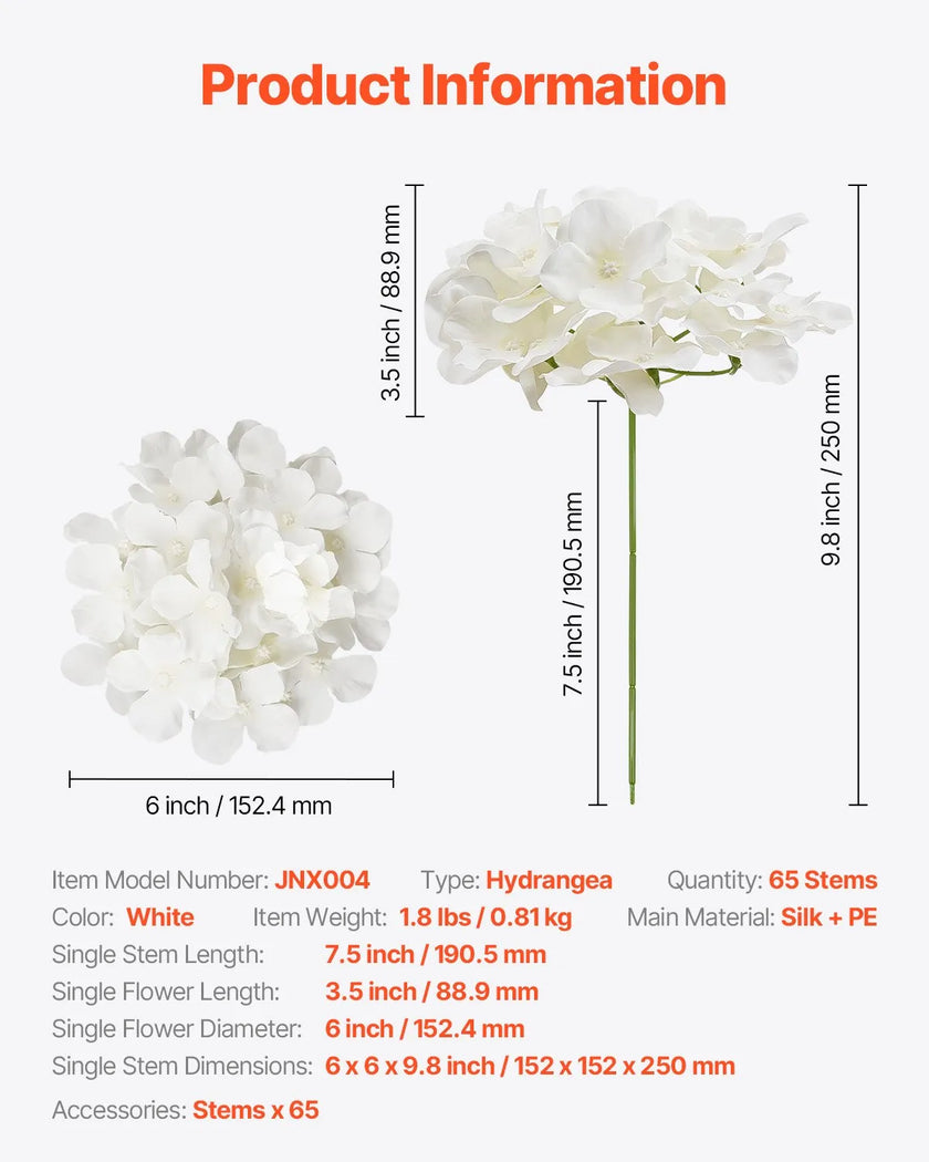 VEVOR 65 Pcs Artificial Silk Hydrangea Flowers 9.8 In Bouquet Arrangement White