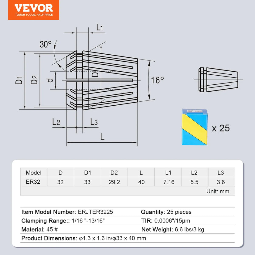 VEVOR 25 pcs ER32 Collet Set, 1/16''-13/16'', ER32 Spring Collet Chuck Set, 0.0006