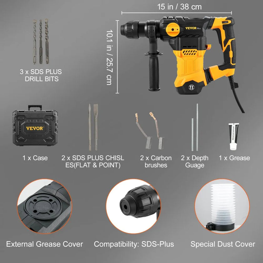 VEVOR 1-1/4 Inch SDS-Plus Rotary Hammer Drill, 13 Amp Corded Drills, Heavy Duty Chipping Hammers with Vibration Control & Safety Clutch, Electric Demolition Hammers Variable Speed, Power Tool For Conc